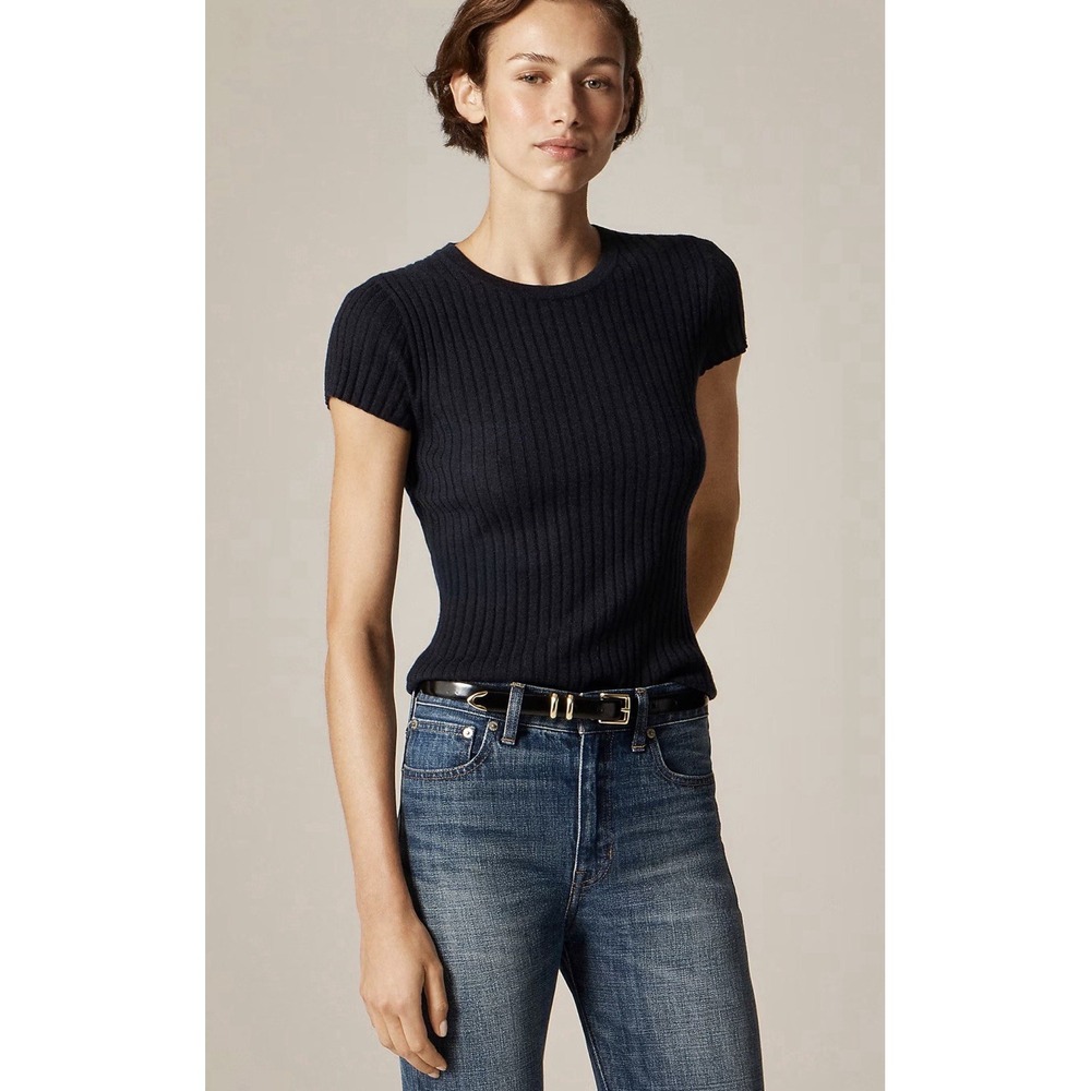 J CREW Small New ribbed featherweight cashmere T-shirt N Navy CP631
